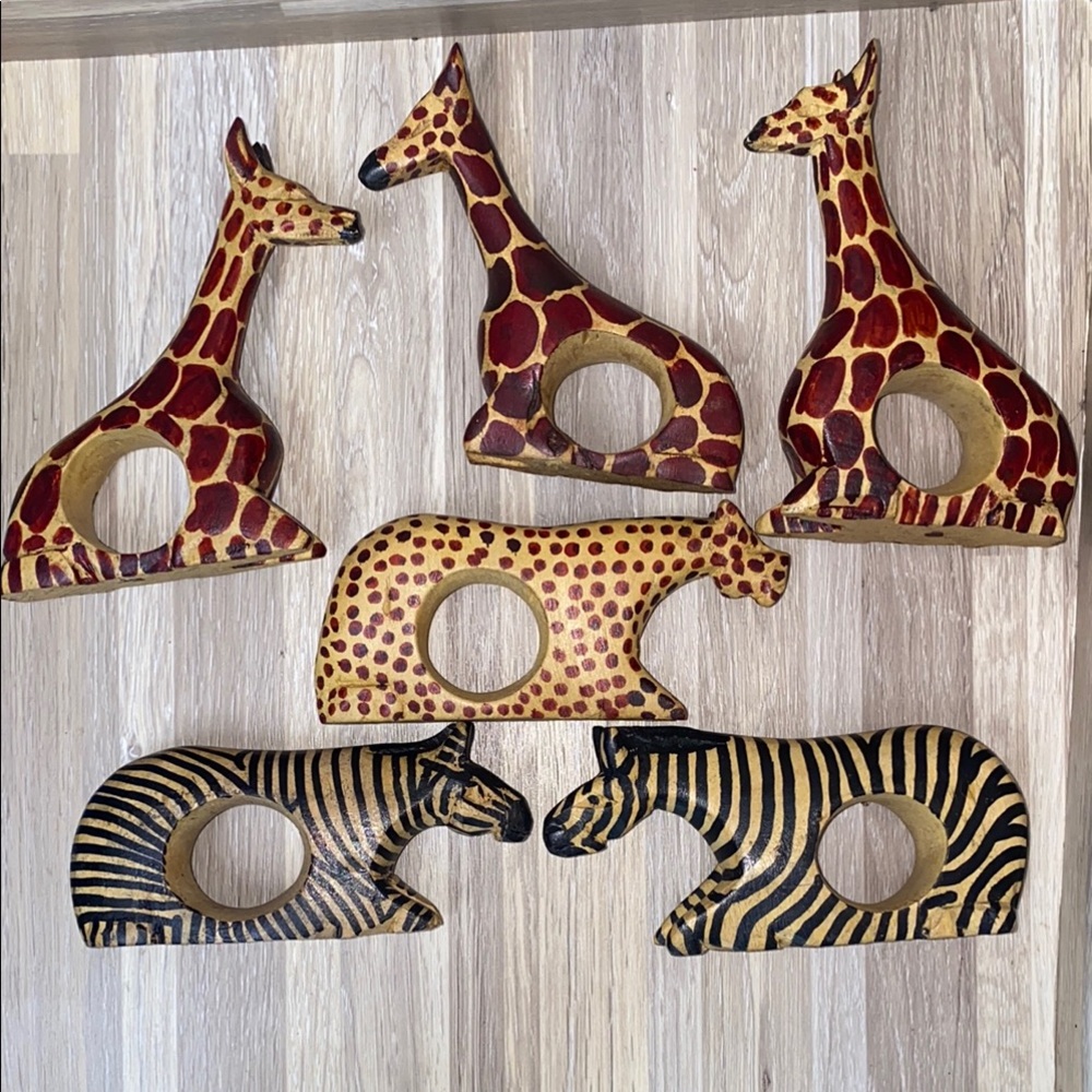 Wooden Handcrafted Animal Napkin Rings Set safari animals summer lunch zoo party